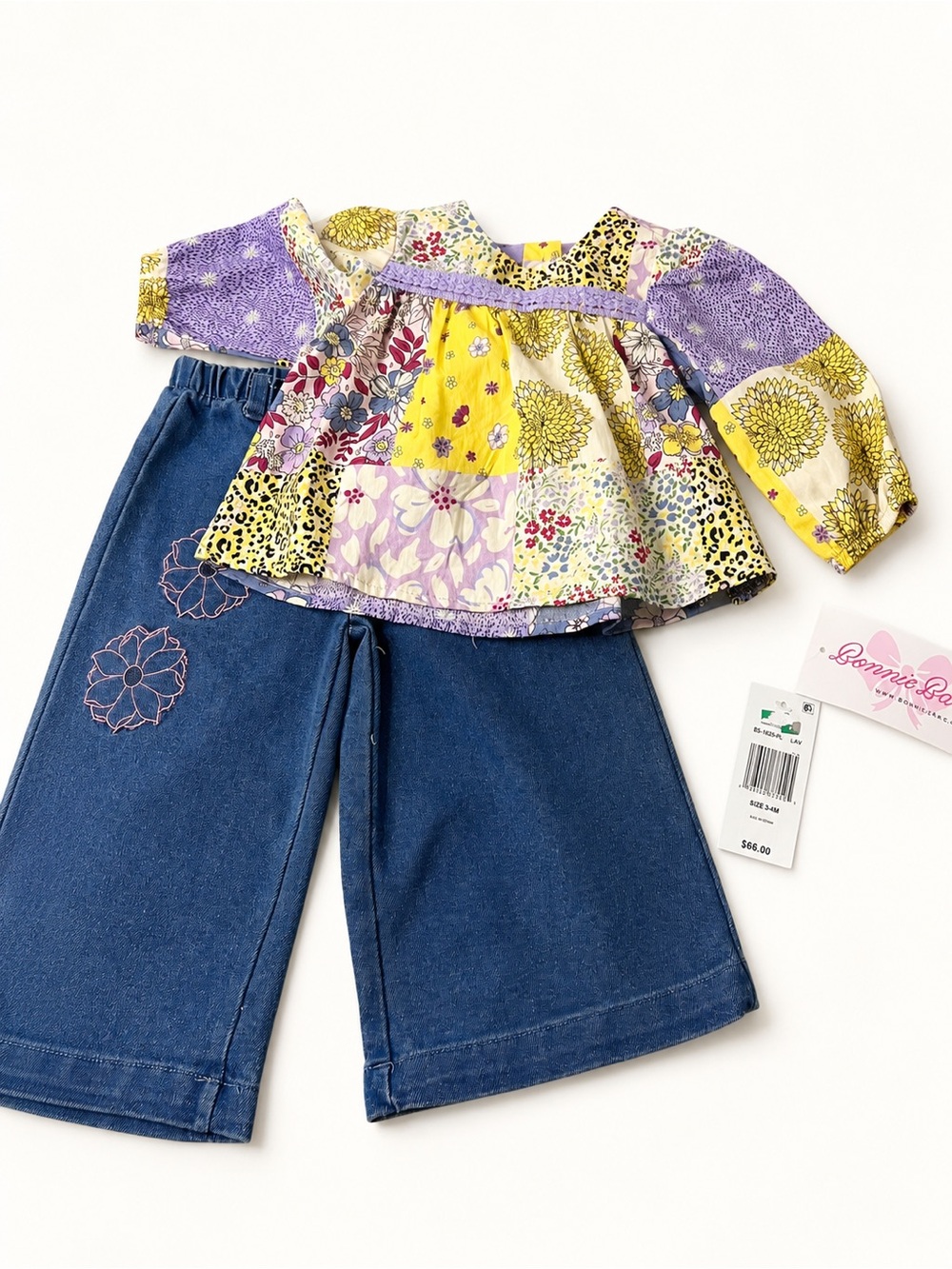 NWT Bonnie Baby Yellow Purple Blue Floral Patchwork Top with Denim Pants